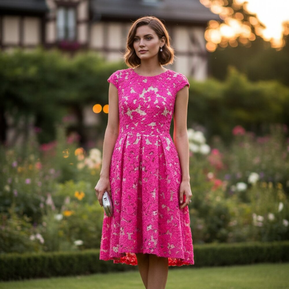 Adrianna Papell Hot Pink Floral Lace Midi Dress